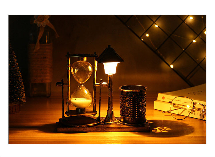 Creative Retro Hourglass Night Light Nostalgic Pen Holder Quicksand Desktop Decoration Student Friends Children Graduation Gift